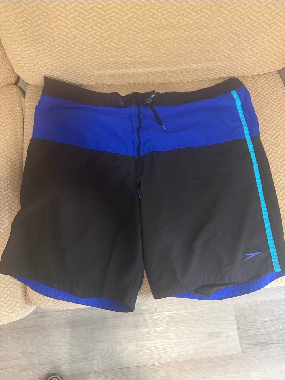 Speedo Black Swim Shorts with Blue Waistband and Teal Stripe